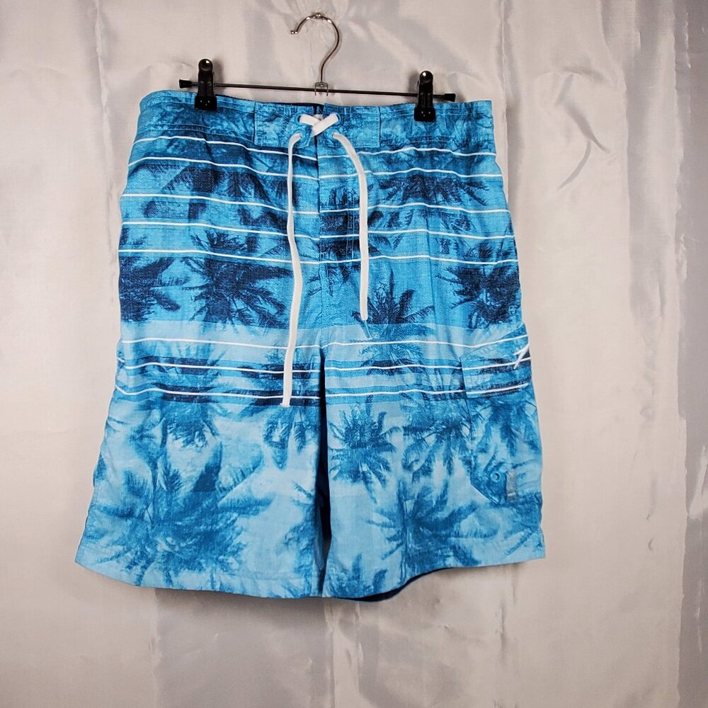 Speedo Board Short Palm Tree Graphic Blue Black Swim Trunk 3 Pockets Men Sz M